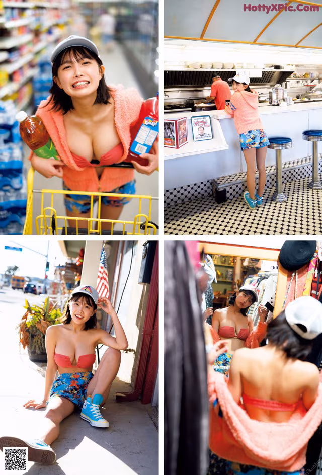 A collage of photos of a woman in a bikini and hat.