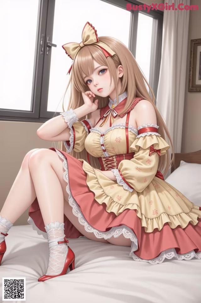 A woman sitting on top of a bed next to a window.