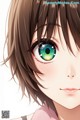 Anime girl with brown hair and green eyes.