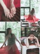 A collage of photos of a woman in a red dress.