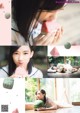 A collage of photos of a woman eating a watermelon.